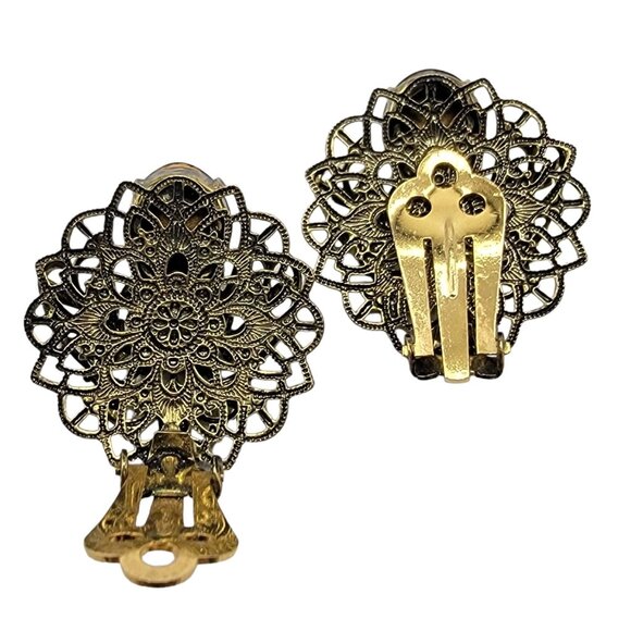 Gold Tone Filigree Purple Rhinestone Clip On Earrings - Picture 2 of 4